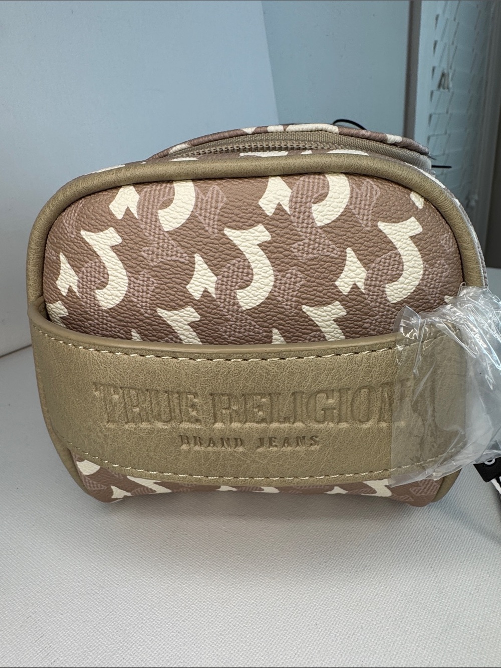 True Religion Unisex Tan & Cream Monogram Cosmetic Toiletry Bag - Picture 4 of 6